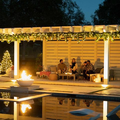Guests sitting on the patio in the winter