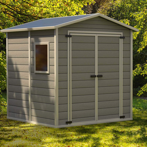 outdoor shed for storing lawn management equipment