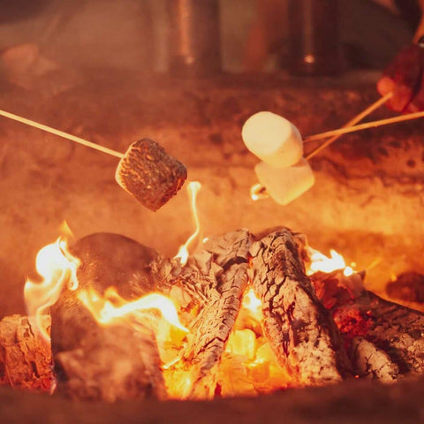 Three marshmallows toasting on sticks over a firepit