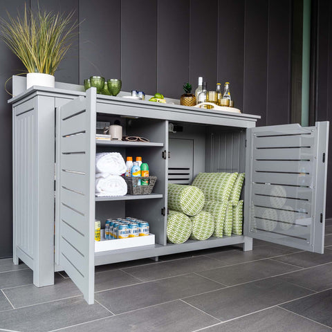 Mainstay Bar Credenza with pillows, towels, and other outdoor essentials stored inside