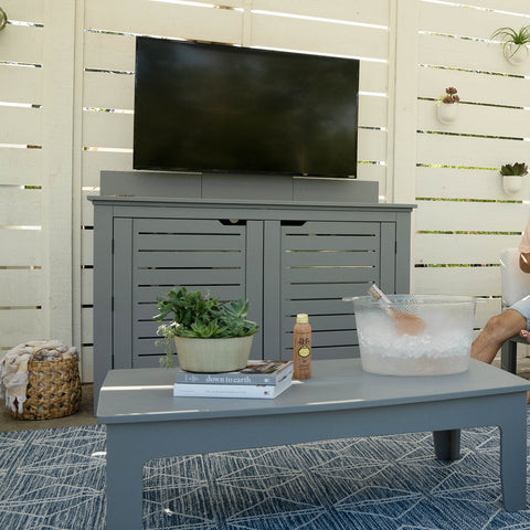 Gray Mainstay Bar Credenza with TV in outdoor living space