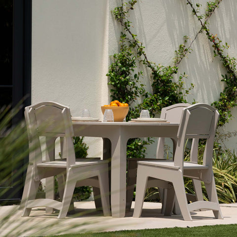 Outdoor dining space with a Mainstay dining table and dining chairs