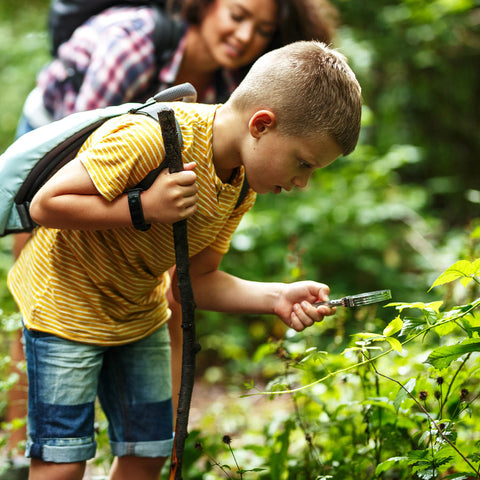 Kid inspecting leaves with magnifying glass