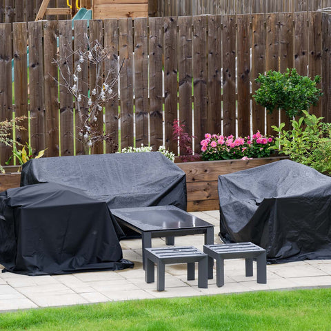 Outdoor furniture under covers protecting them from sun and other weather conditions