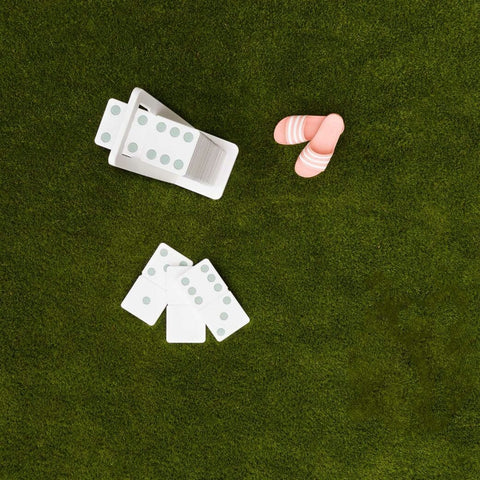 Ledge Loungers Dominoes game stacked up with three individual dominoes fanned out and coral sandals on grass