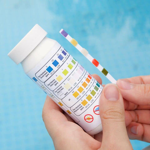 Pool water chemical testing bottle and strip