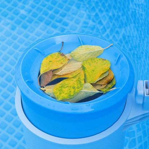 Blue pool skimmer filled with leaves.