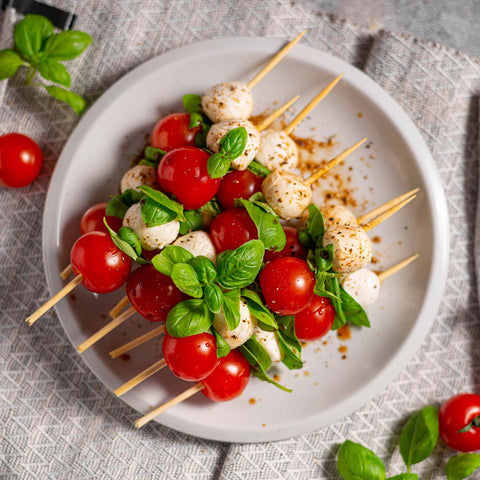 Tomato basil and mozarella skewers