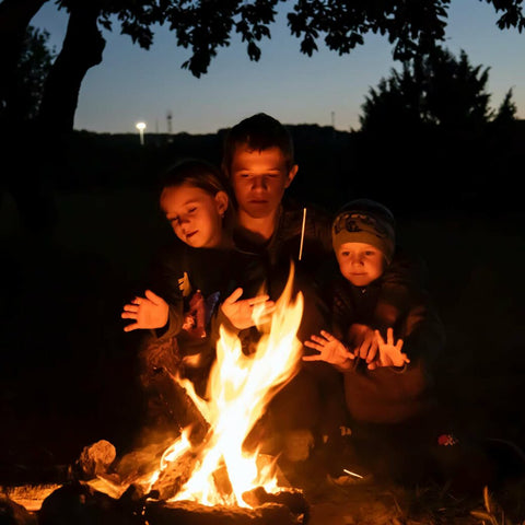 Three children warming their hands at a firepit at night