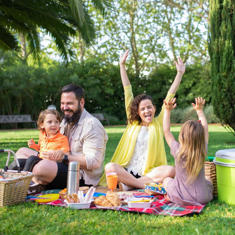 Family of two adults and two children having a picnic on the grass