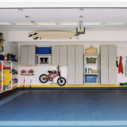 organized garage with cabinets