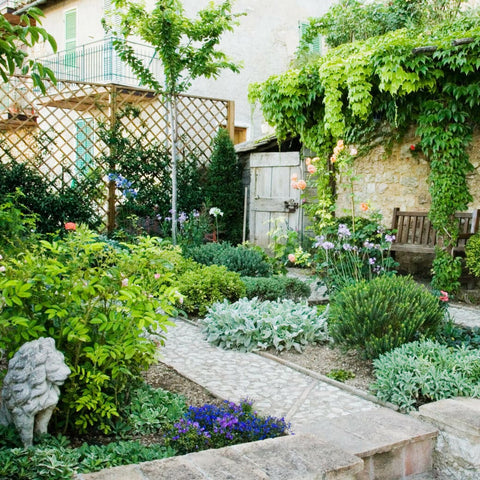 Garden filled with different types of plants, a cobblestone walkway, and a lattice fence