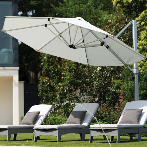 Outdoor lounge chairs under an umbrella