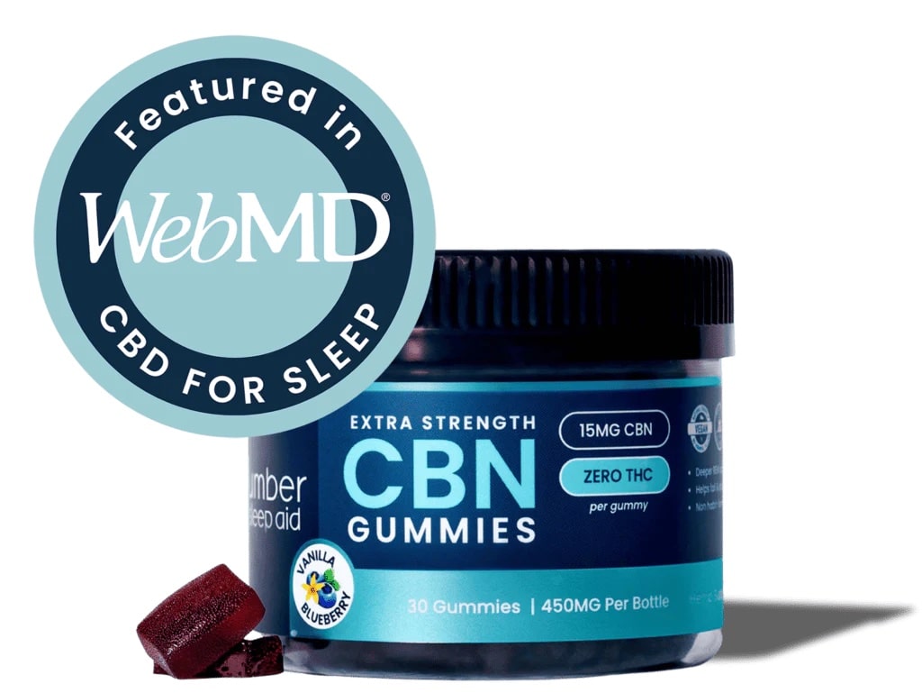 Slumber extra strength CBN gummies with a 'featured in WebMD CBN for sleep' stamp