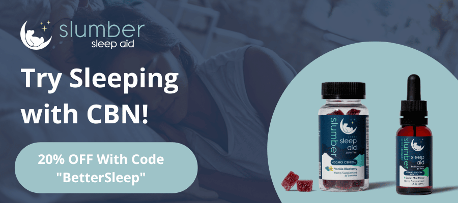 Promotional image for Slumber sleep aid featuring CBN gummies and a tincture bottle, with a discount offer: '20% OFF With Code