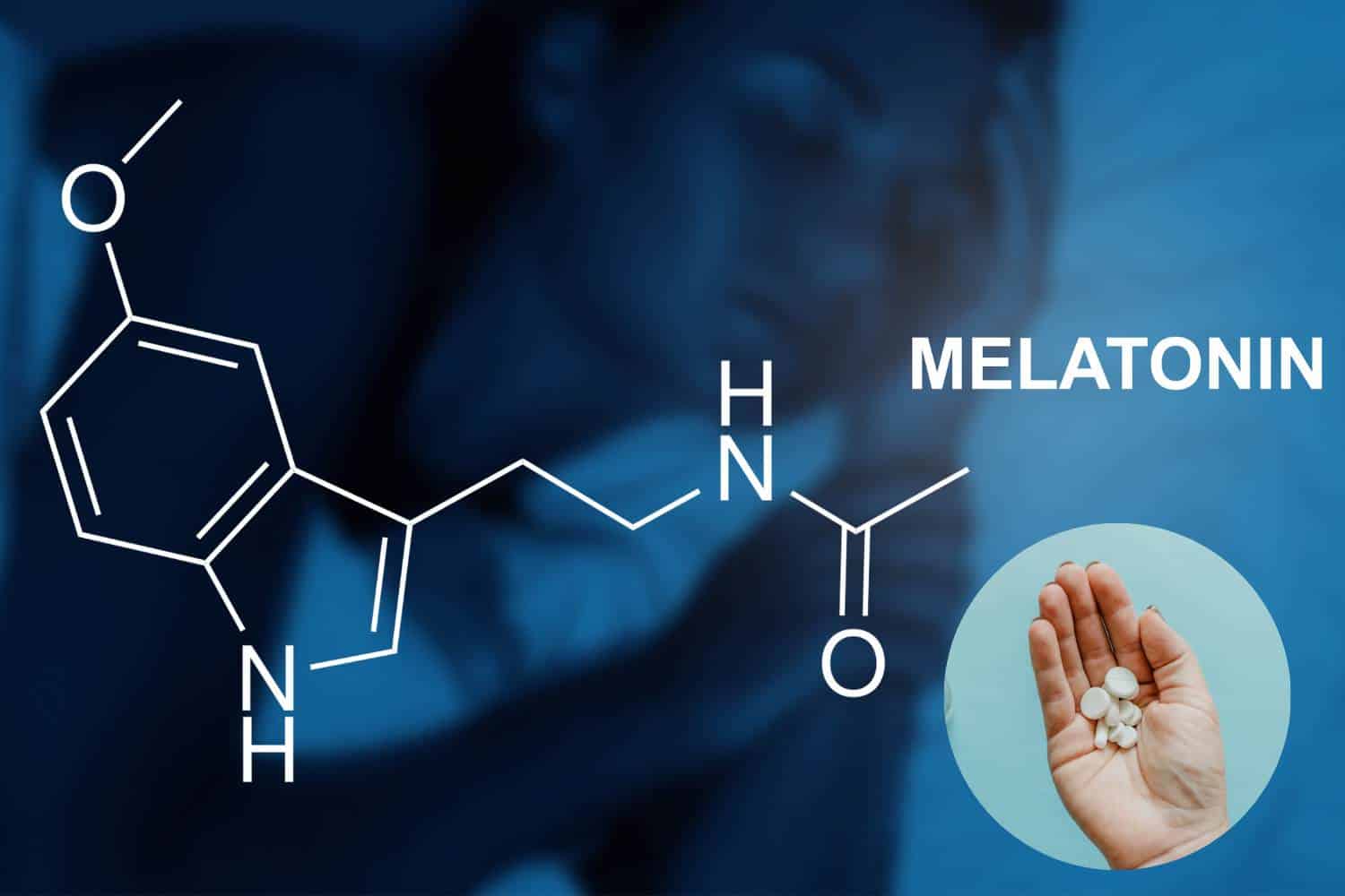 A dark blue image of a woman sleeping on her side, with 'Melatonin' text and its chemical structure overlaid.