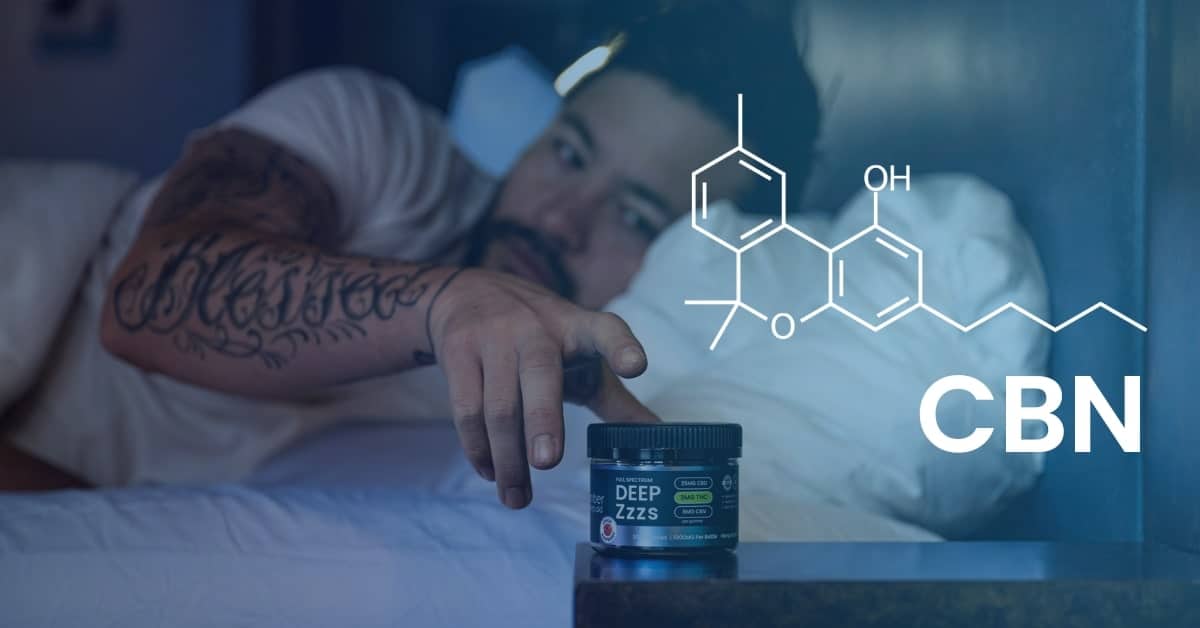 Man reaching over to grab his Slumber Deep Zzzs CBN supplement as he turns in bed. 'CBN' text and its chemical structure overlay this image.