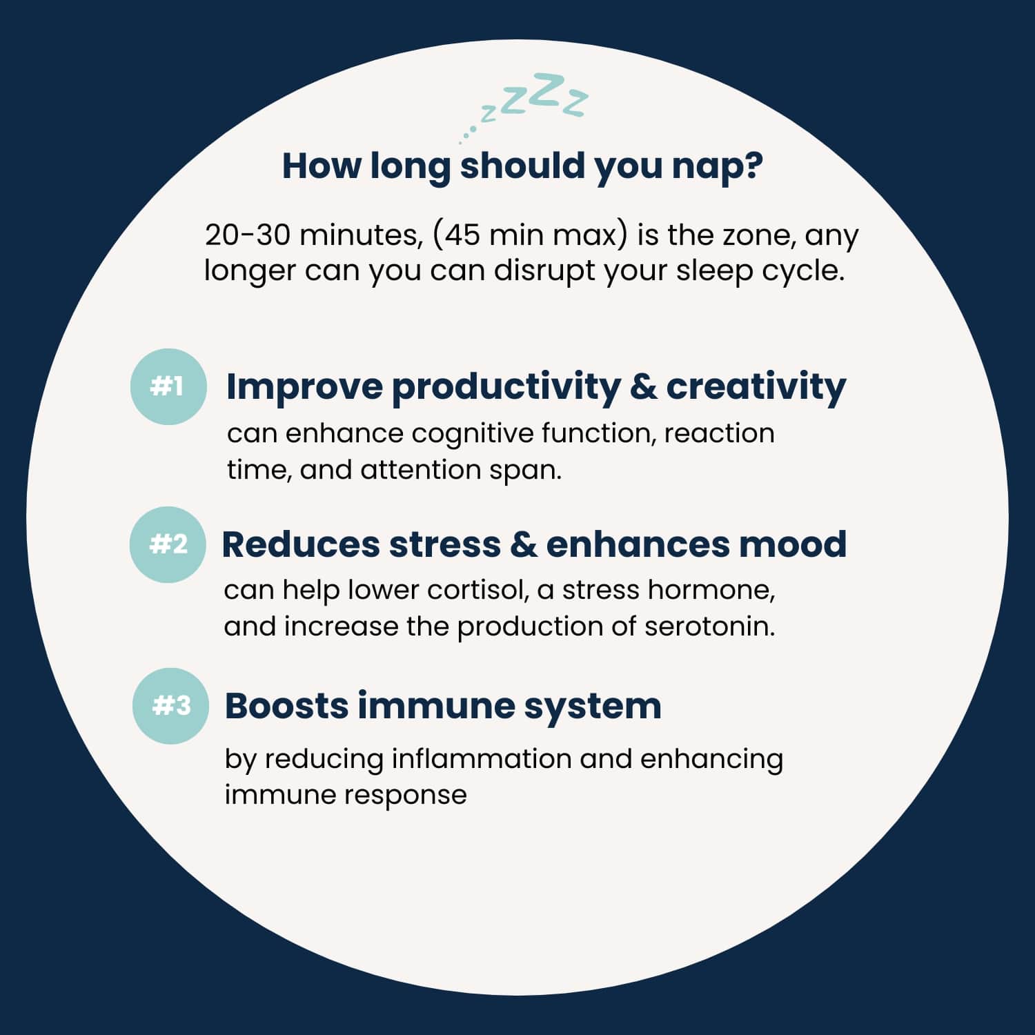 Infographic detailing optimal nap duration for health with benefits listed: 20-30 minutes recommended for enhancing productivity and creativity, reducing stress, improving mood, and boosting the immune system.