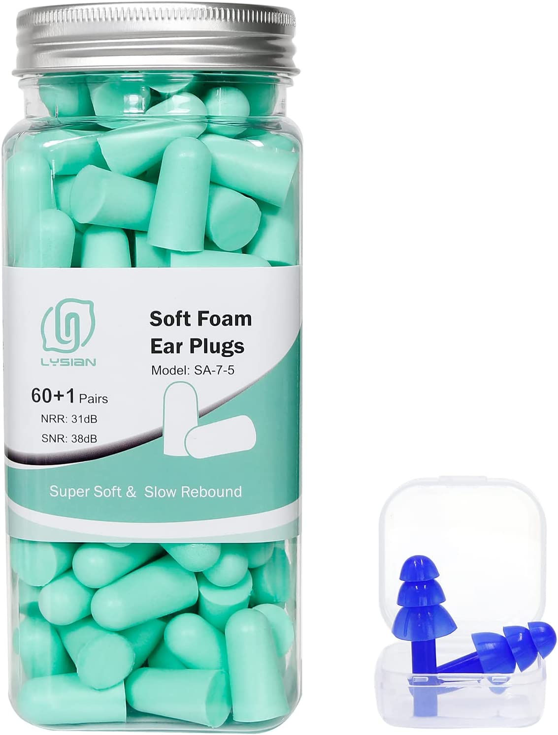 Lysian soft green ear plugs of 61 pairs in a clear container.