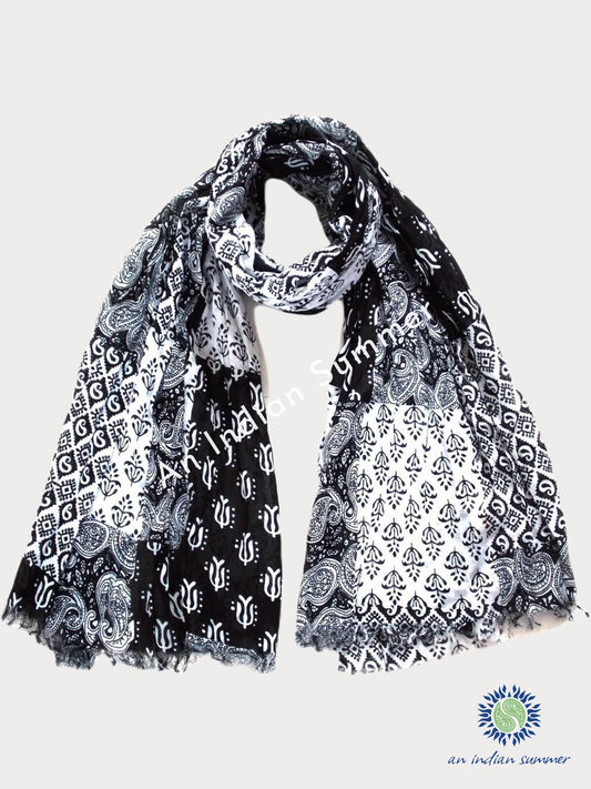 White & Black Cotton Stole | Scarf with Block printed Indian Floral & Leaf  Design