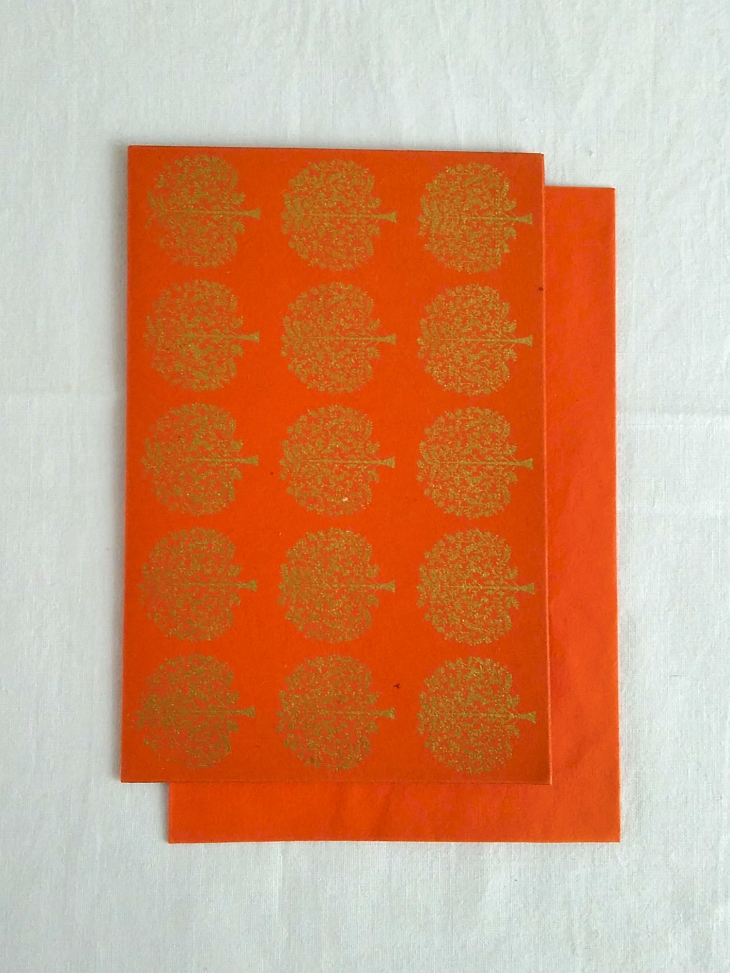 Narangi Orange - Set of 5 Gold Tree Motif Hand Block Printed Cards - An Indian Summer