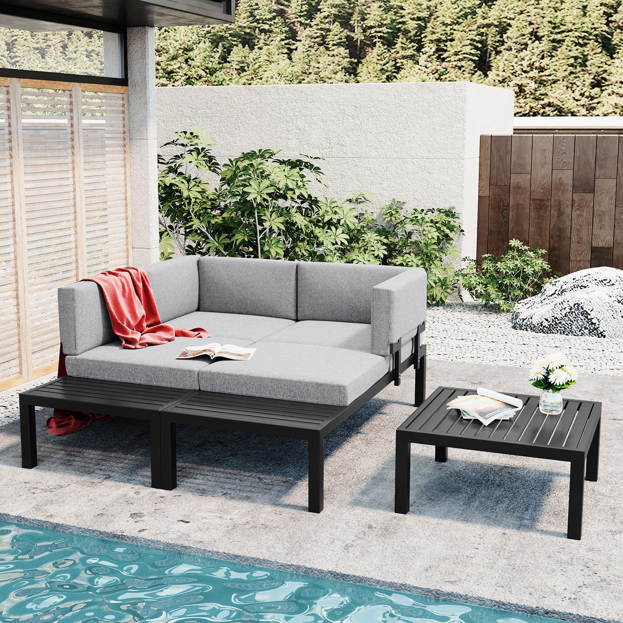 3 PCS Outdoor Aluminum Alloy Sectional Sofa Set with End Table, Coffee Table, and Gray Cushion