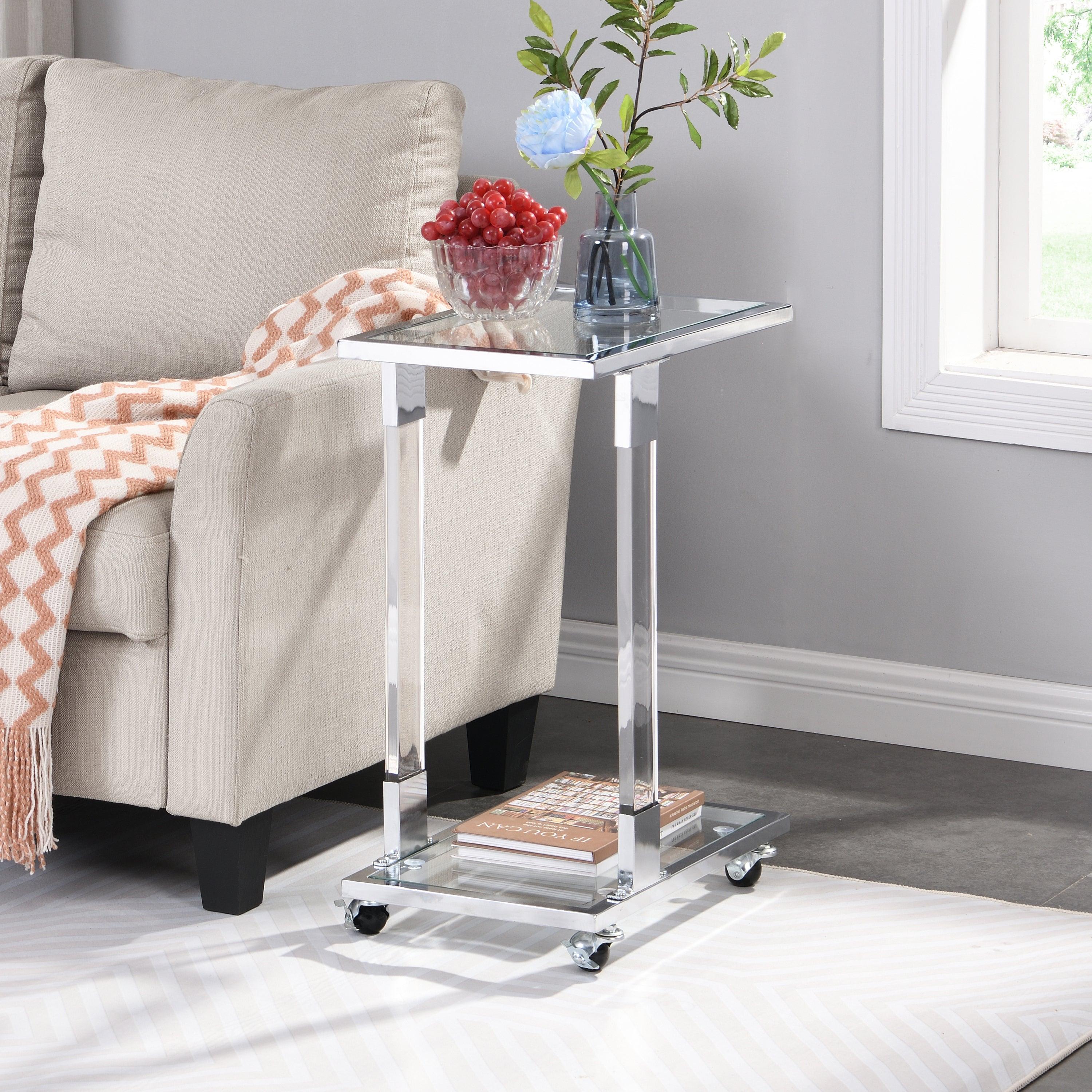 Chrome Glass Side Table, Acrylic End Table, Glass Top C Shape Square Table with Metal Base for Living Room, Bedroom, Balcony Home and Office