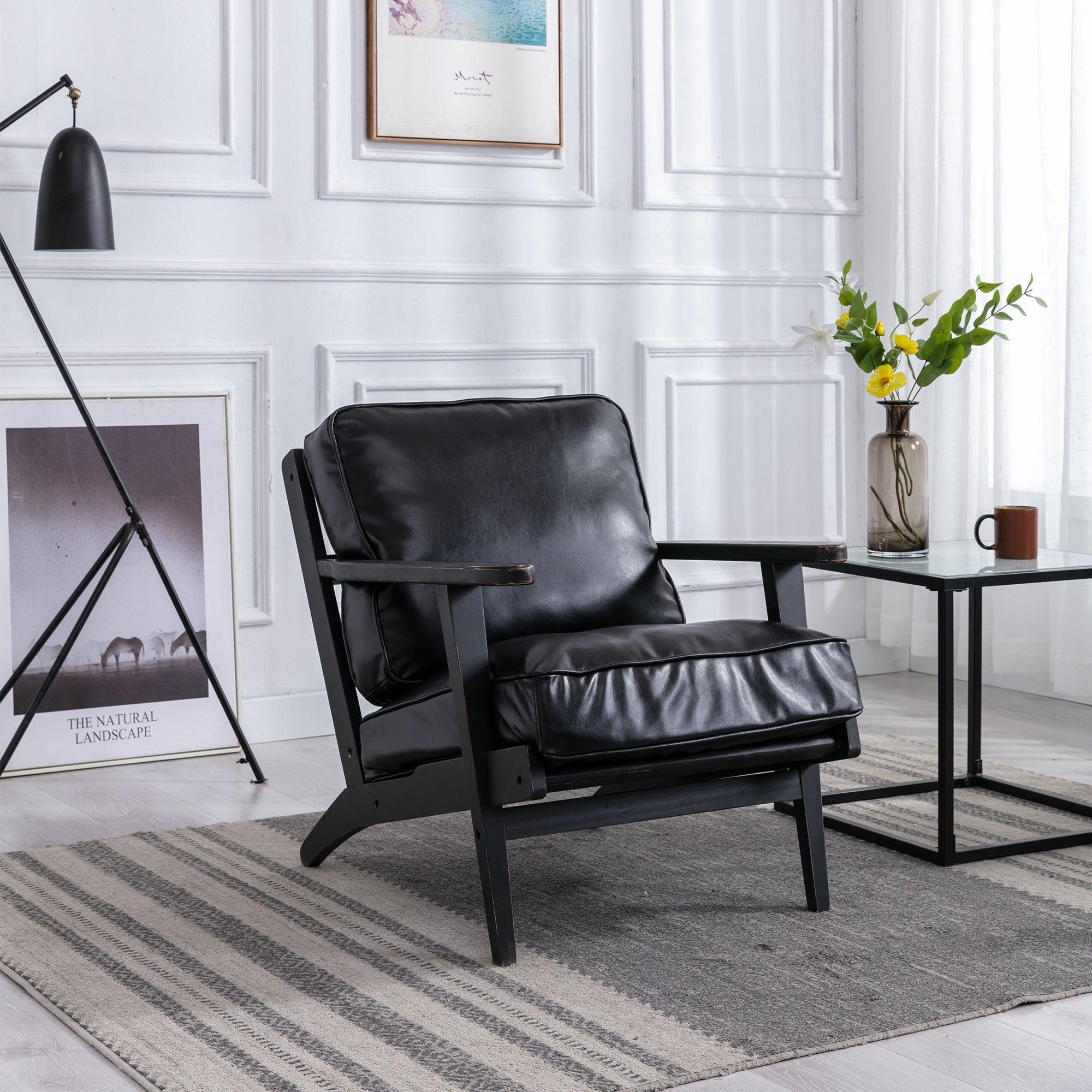 solid wood black antique painting removable cushion arm chair, mid-century PU leather accent chair