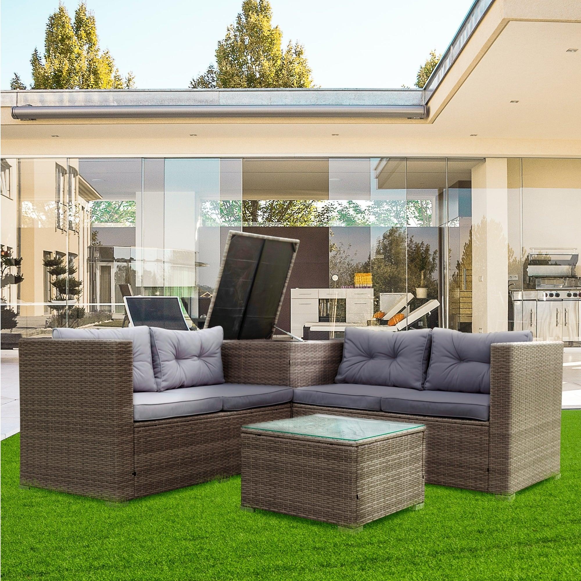 4 Piece Patio Sectional Wicker Rattan Outdoor Furniture Sofa Set withStorage Box Grey