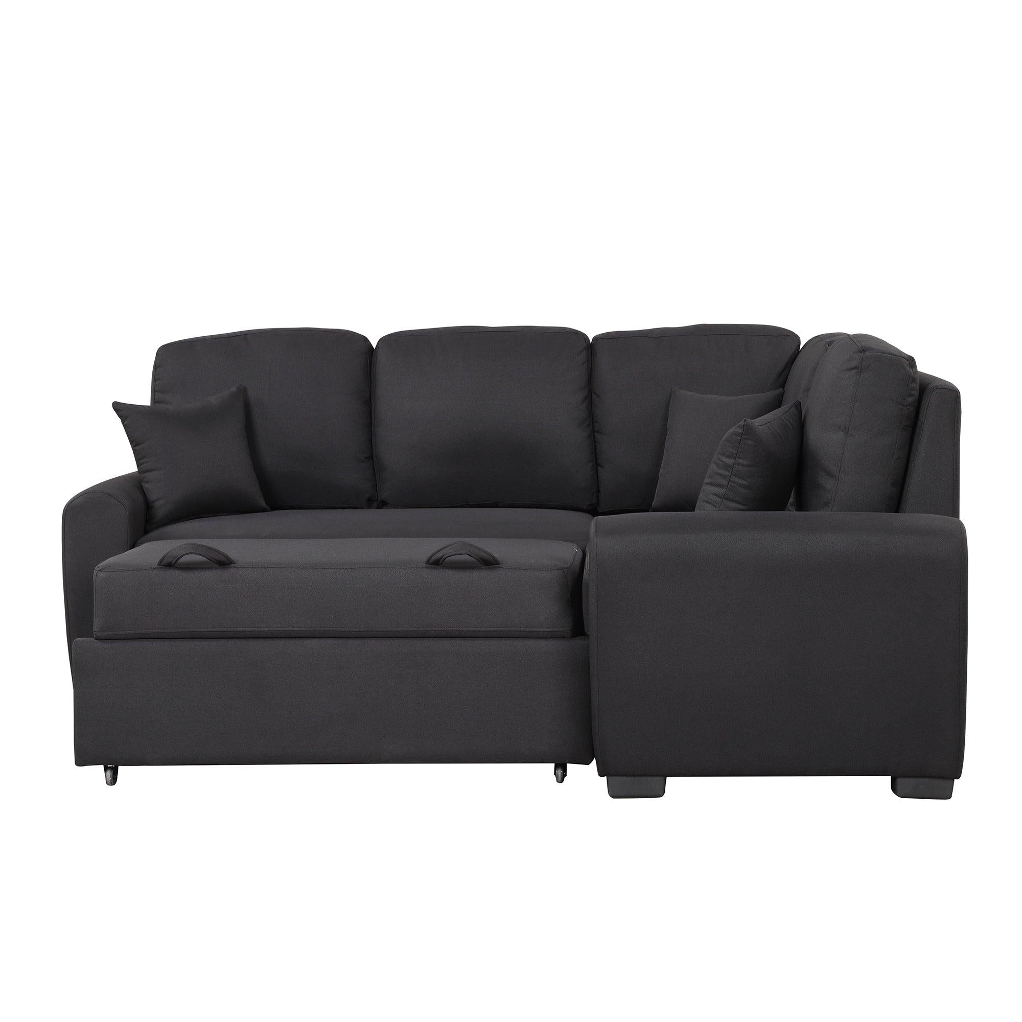 76.7"Sectional Sleeper Sofa with USB Charging Port and Plug Outlet,Pull-Out Sofa Bed with 3 Pillows, L-Shape Chaise for Living Room Small Apartment,Black