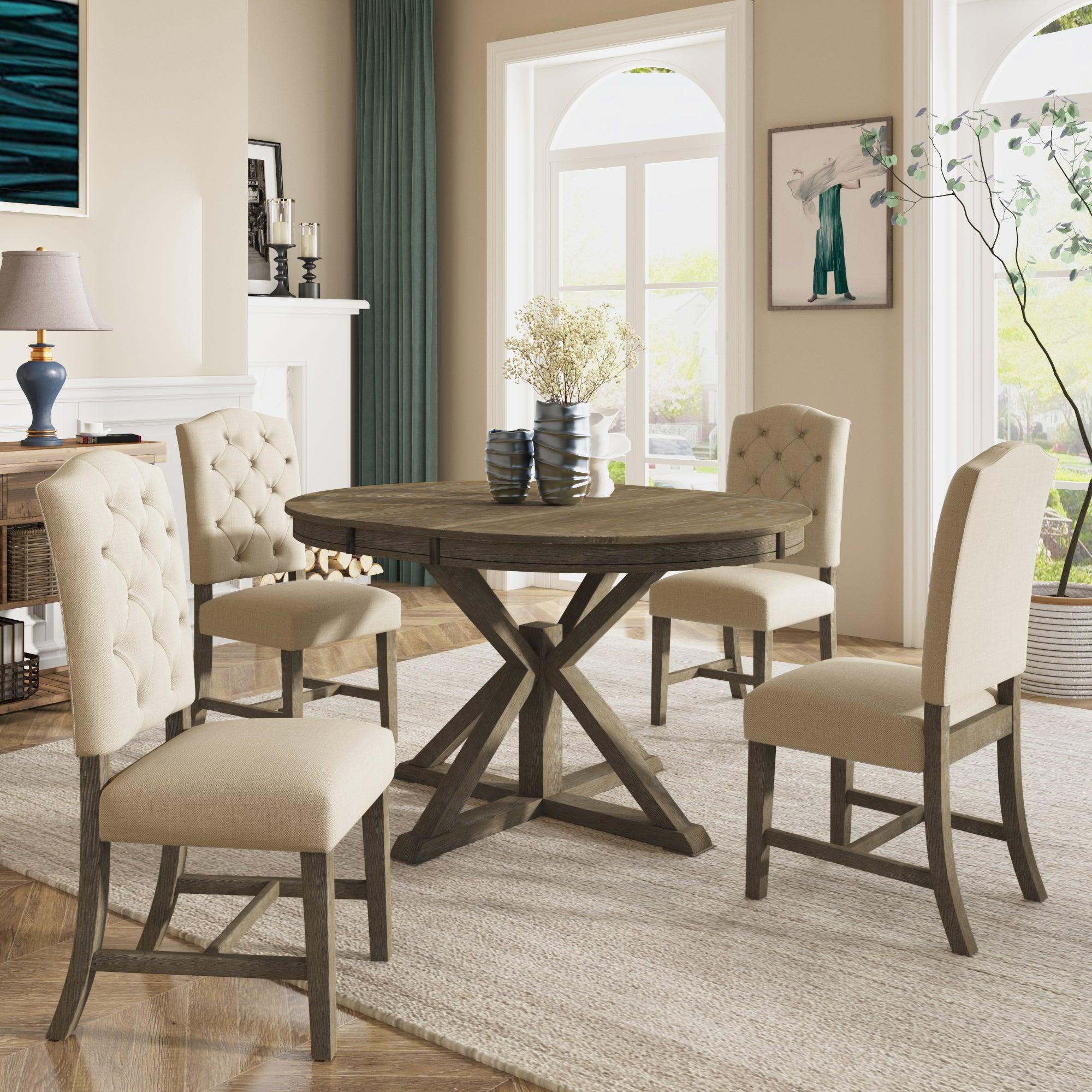 Functional Furniture Retro Style Dining Table Set with Extendable Table and 4 Upholstered Chairs for Dining Room and Living Room(Natural Wood Wash)