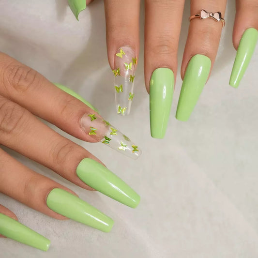 Green Butterfly Fake Nails Set