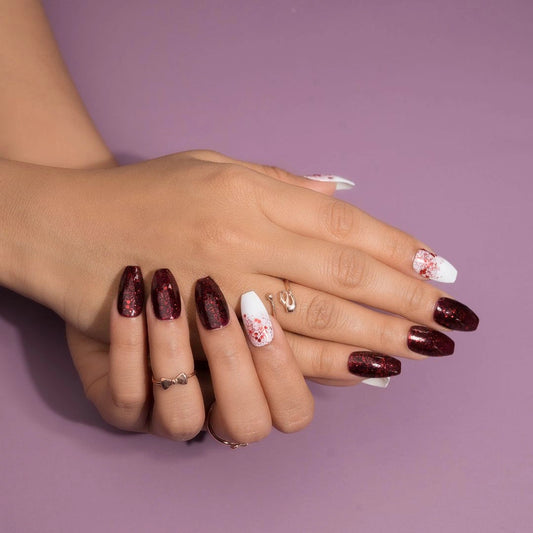 Red and White Glitter Presson Nails Set