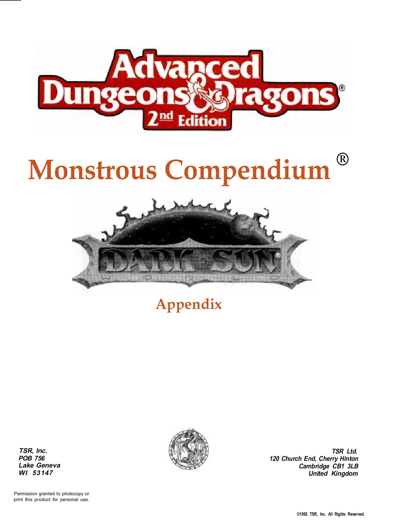 AD&D 2nd Edition Monstrous Compendium Dark Sun Appendix: Terrors of the Desert MC12 2405 No Cover