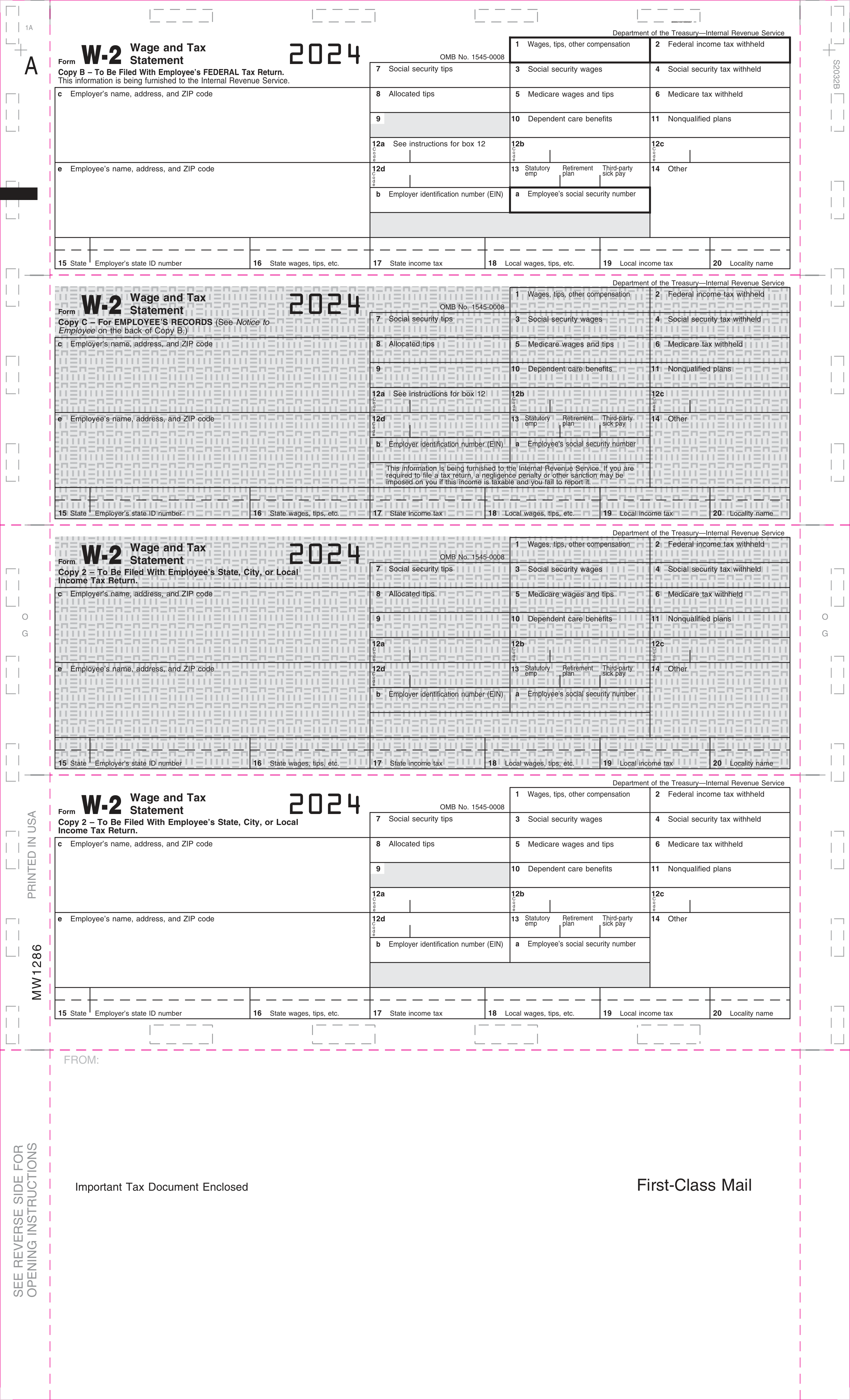 W-2, Employee Copy B,C,2 or Extra Copy, 4-Up Horizontal, 14" Eccentric, Z-Fold (500 Forms)