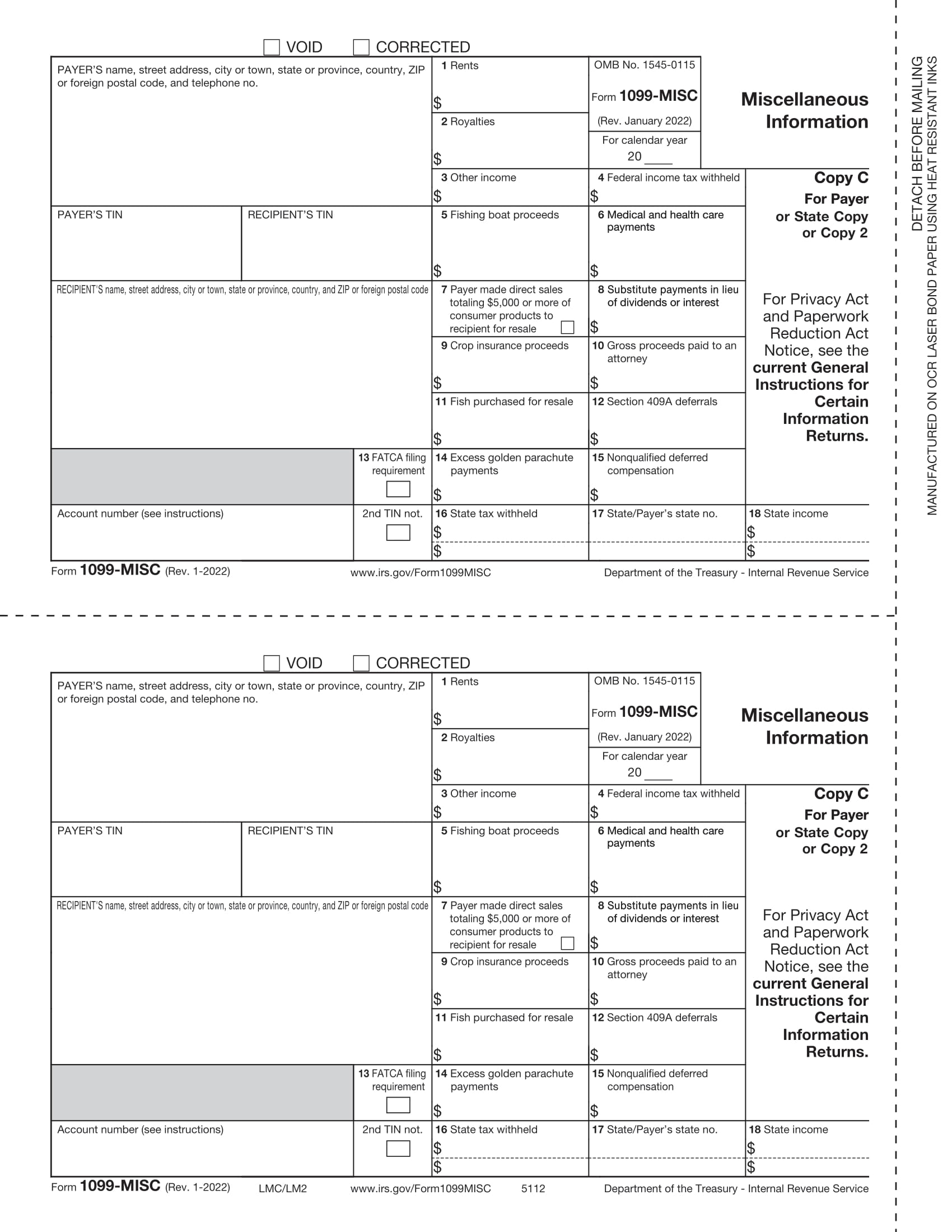 1099-MISC 2-Up, Payer/State Copy C