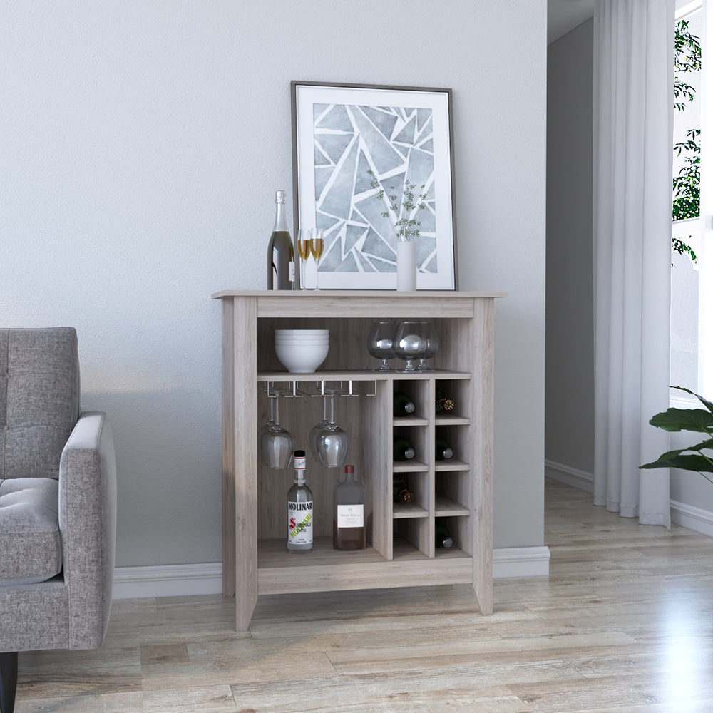 Bar Cabinet Castle, Light Grey, 8 Wine Bottles, Shelves & Hanging Glass Rack