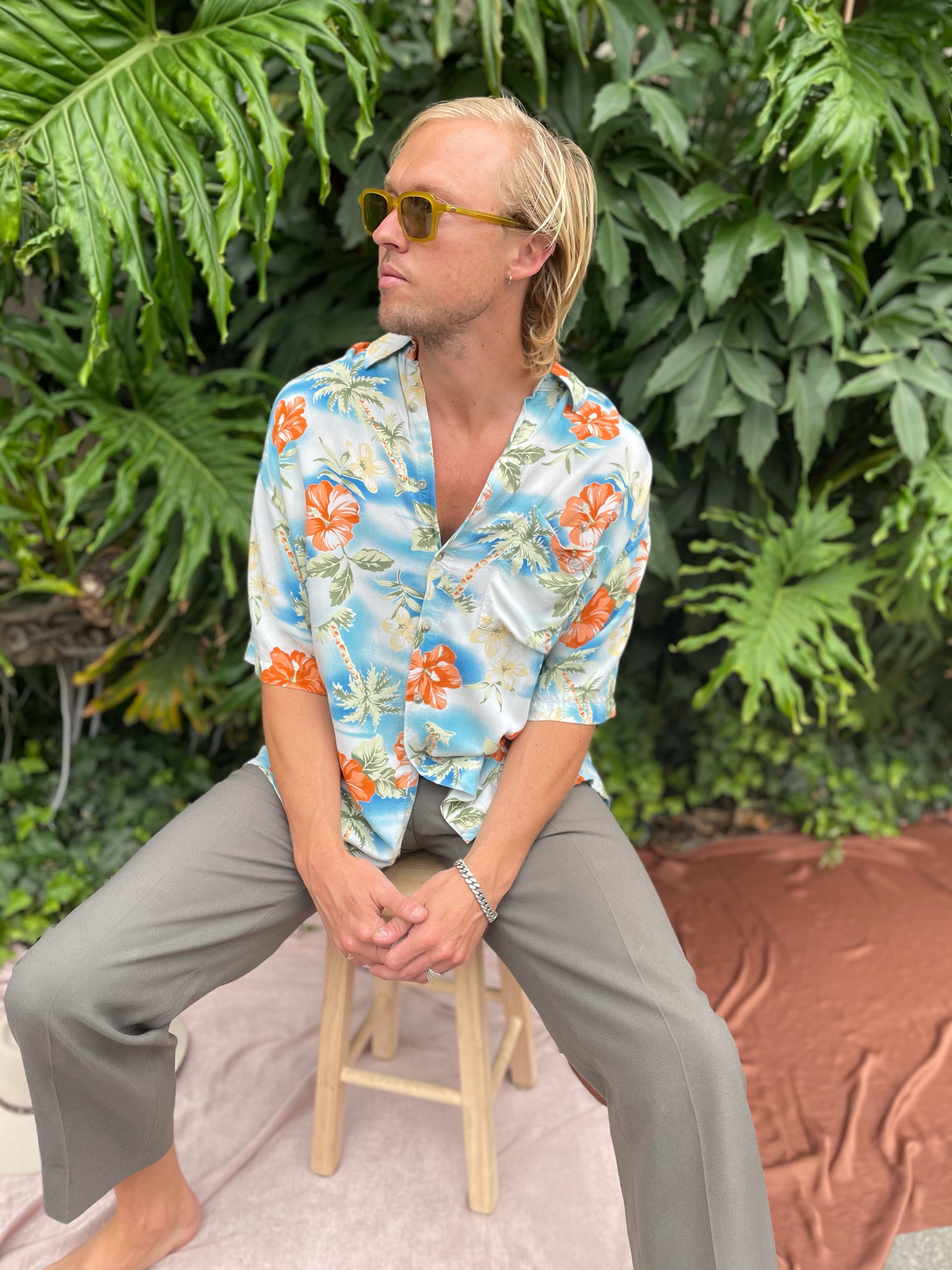 ALOHA COWBOY // VINTAGE PIERRE CARDIN HIBISCUS & PALMS // SKY BLUE