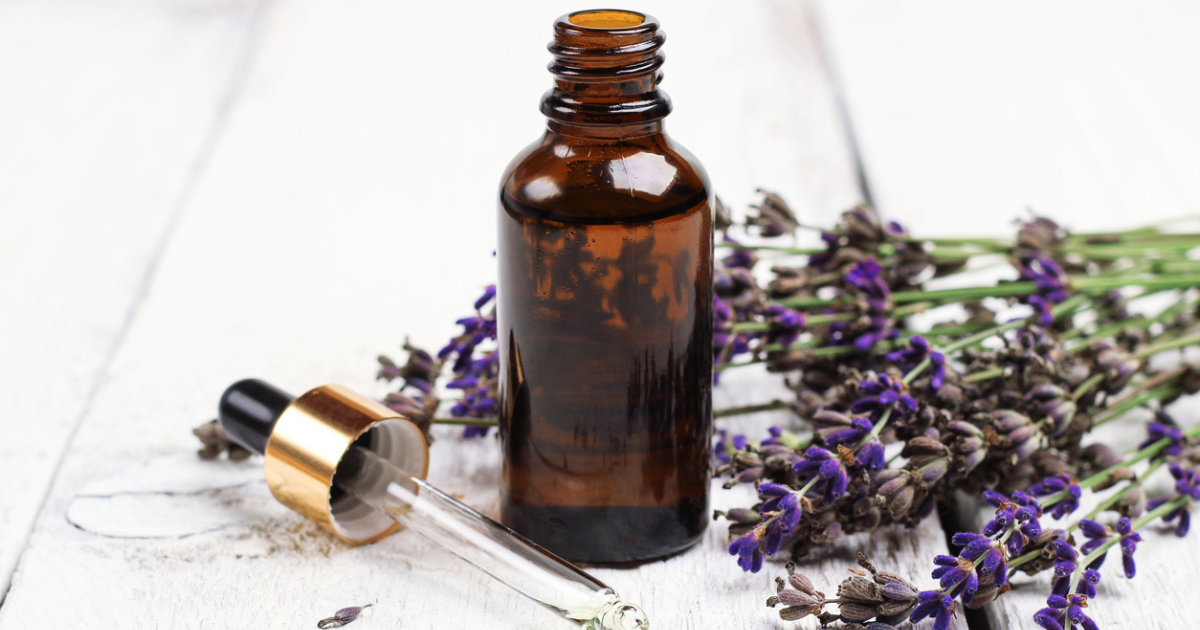 A small brown bottle and dropper next to some lavendar for a natural lice treatment.