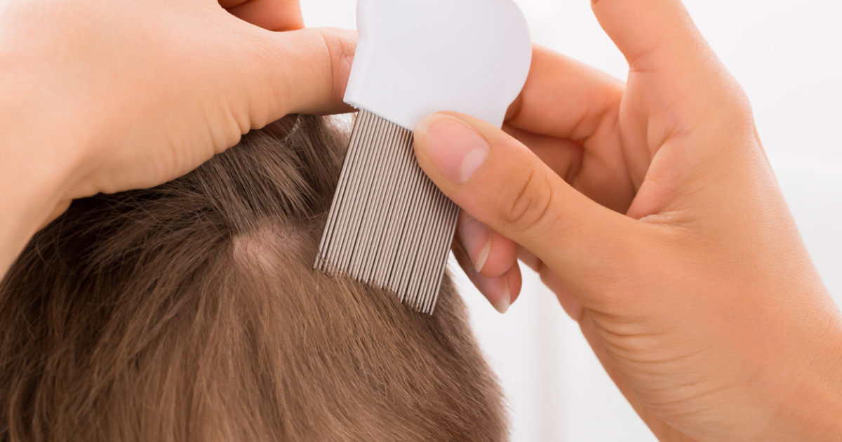 A person combing a boy's hair for lice.