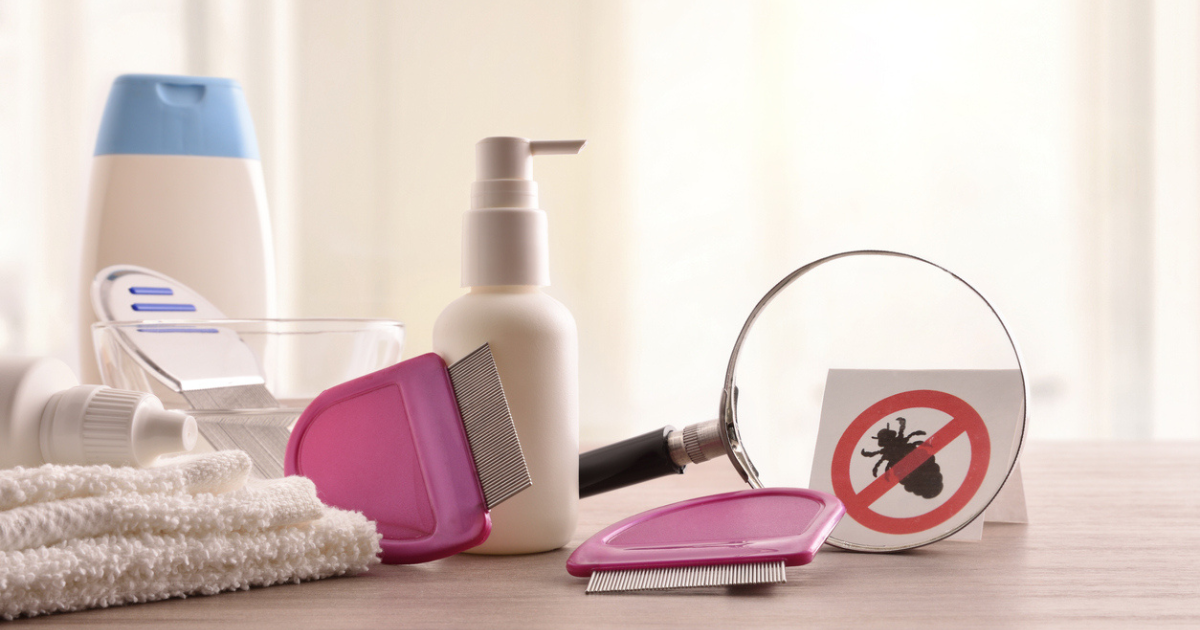 A table filled with bottles and nit comb for natural lice treatment.