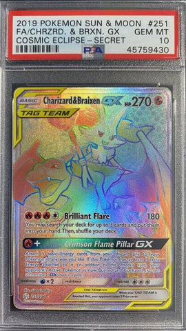 PSA 10 Charizard & Braixen GX 251/236 Secret Rare Cosmic Eclipse Sun & Moon