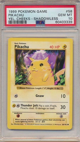 PSA 10 Shadowless Base Set Yellow Cheeks Pikachu