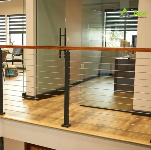 black cable railing system with wood top