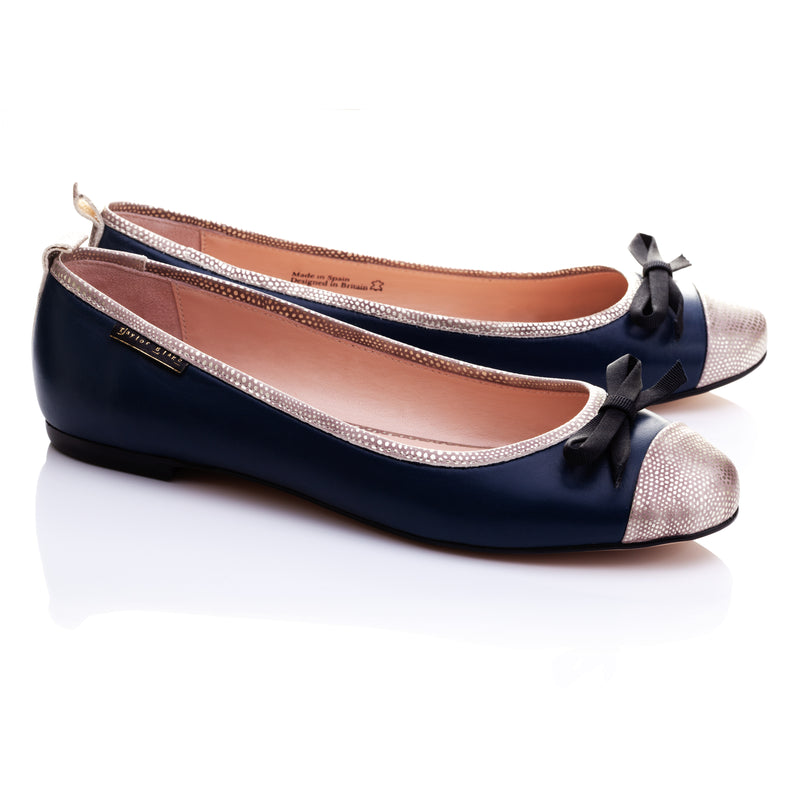 Women's Navy Blue Leather Ballet Flats 