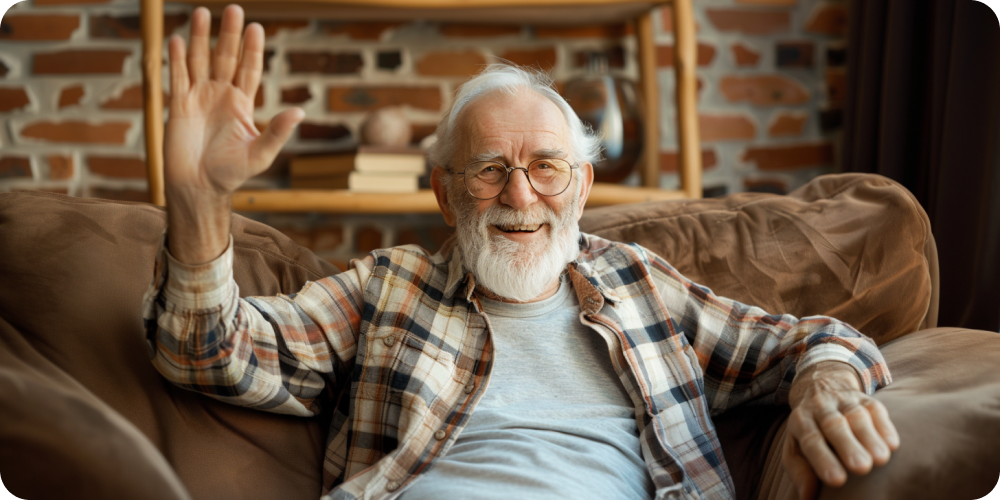 elderly man checking in with family on tv video call