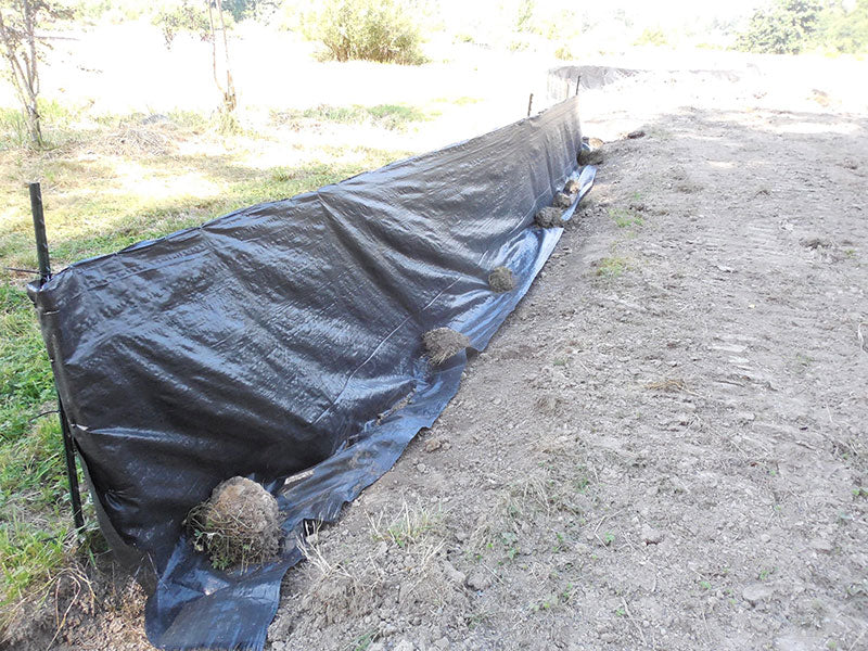 Silt fence being held down by pieces of sod.