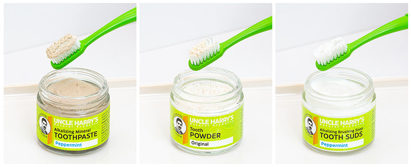 comparison photo of toothpaste, tooth powder, and tooth suds