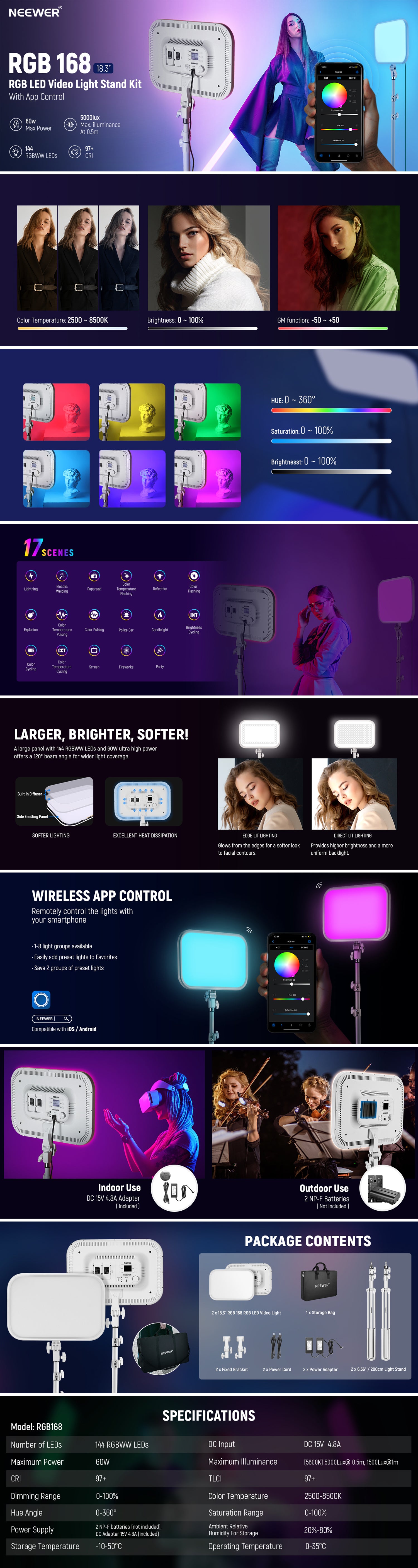 NEEWER 18.3 RGB LED Video Light Panel with App Control Stand Kit 2 Packs,  360° Full Color, 60W Dimmable 2500K~8500K RGB168 LED Panel CRI 97+ with 17