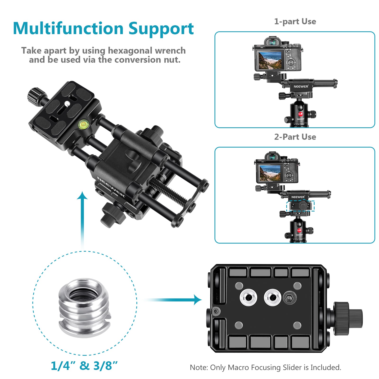 Macro Focusing Rail 3D 4 voies Curseur de réglage Gros plan Macro Slider